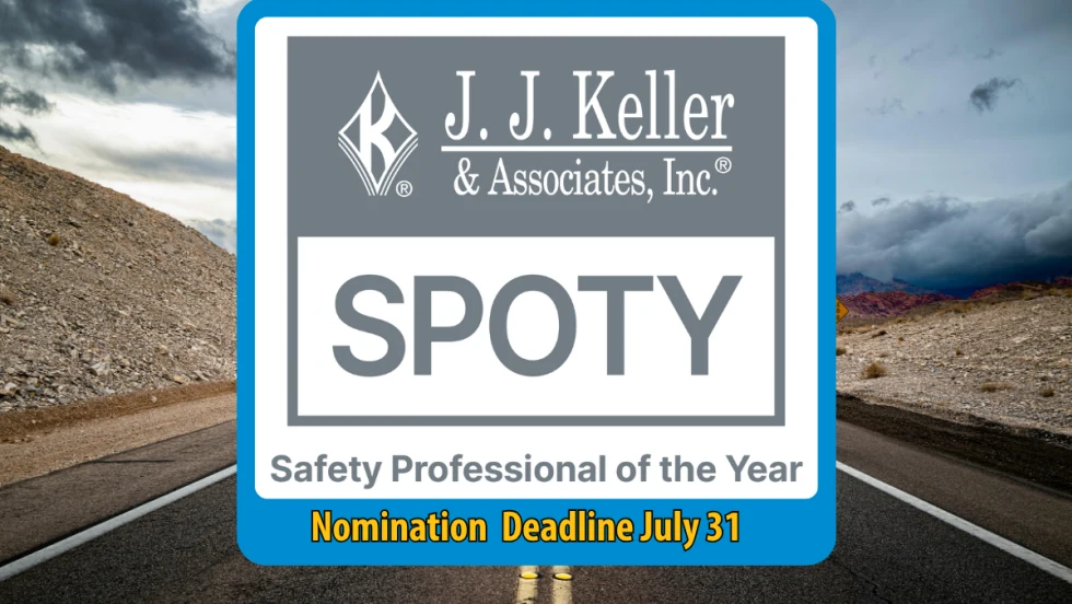 J. J. Keller & Associates, Inc. Safety Professional of the Year award logo, featuring the company name, stylized “K” emblem, and bold “SPOTY” acronym above the title “Safety Professional of the Year.”