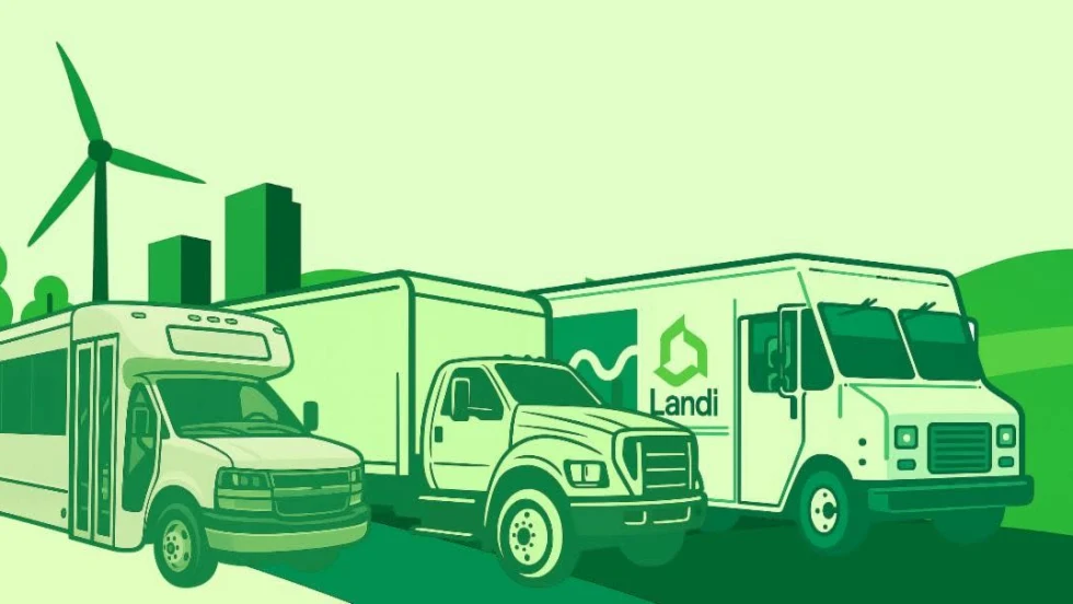 Illustration of alternative-fuel commercial vehicles, including a shuttle bus, pickup truck, and delivery truck branded Landi, set against a green landscape with wind turbines, trees, and city buildings, emphasizing sustainable transportation and clean energy.