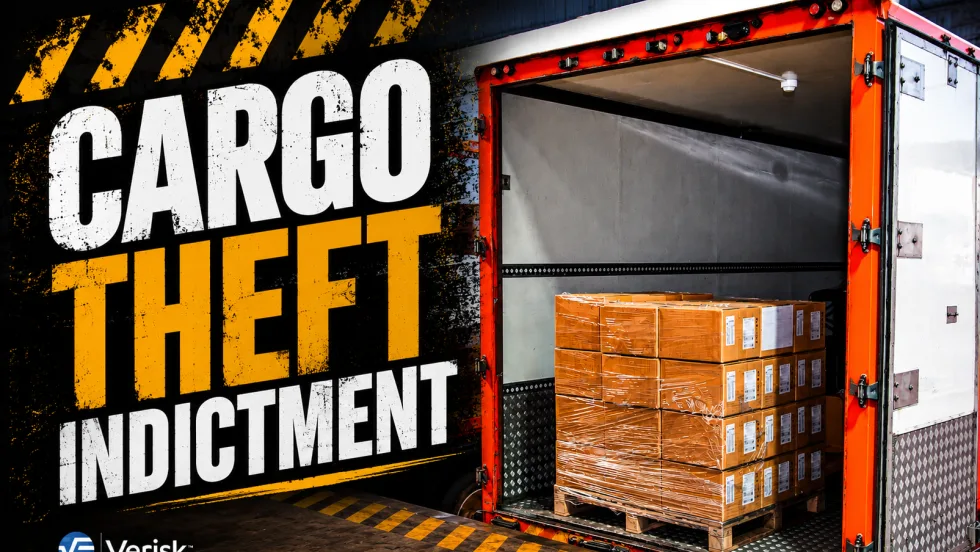 Graphic promoting a Verisk cargo theft story. Large text reads “Cargo Theft Indictment” beside an open box truck containing palletized, shrink-wrapped cargo, highlighting a transportation crime and law enforcement investigation.