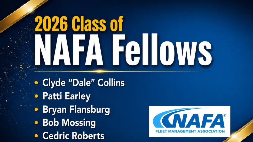 Graphic announcing the 2026 Class of NAFA Fellows, listing honorees Clyde “Dale” Collins, Patti Earley, Bryan Flansburg, Bob Mossing, and Cedric Roberts, with the NAFA Fleet Management Association logo on a blue and gold background.