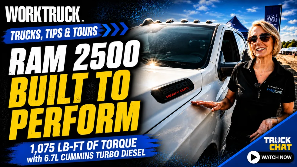 Promotional graphic for a Work Truck “Trucks, Tips & Tours” video featuring a white Ram 2500 Heavy Duty pickup and a woman presenter, with text highlighting “Built to Perform” and 1,075 lb-ft of torque from a 6.7L Cummins turbo diesel.