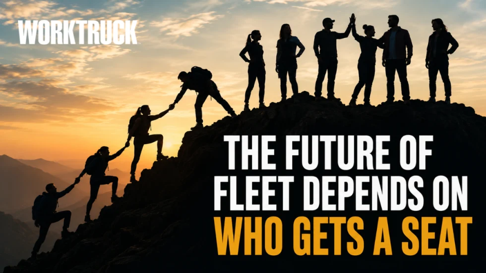 Silhouettes of a diverse group of men and women helping each other climb a mountain at sunset. Several people reach down to assist others while a group stands together at the summit, symbolizing opportunity, leadership, collaboration, and support. Overlay text reads, "The Future of Fleet Depends on Who Gets a Seat."