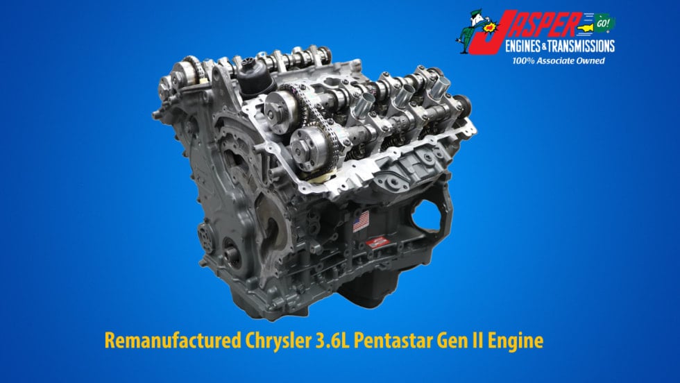 Promotional graphic from Jasper Engines & Transmissions featuring a remanufactured Chrysler 3.6L Pentastar Gen II engine on a blue background, with company branding and product identification text.
