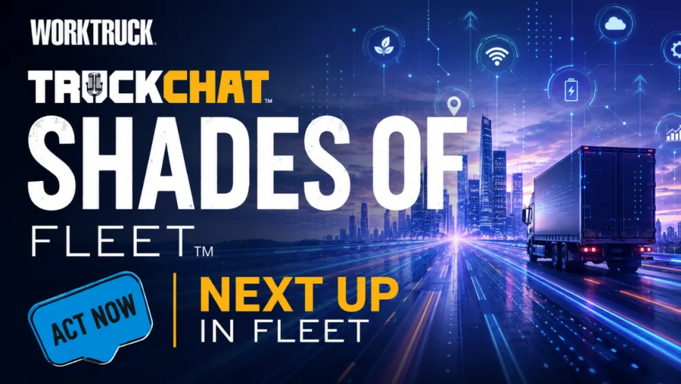 Graphic for Work Truck's TruckChat Shades of Fleet series titled "Next Up in Fleet." A commercial truck drives toward a futuristic city skyline with digital technology icons, connected vehicle imagery, and blue light trails representing innovation and the future of fleet.