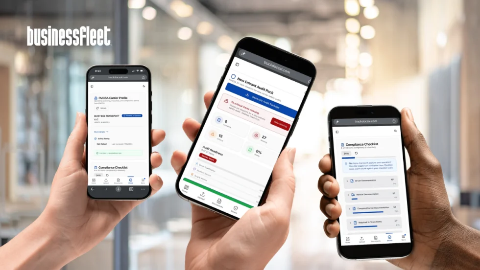 Three smartphones displaying TruckDocsAI's mobile compliance platform, including FMCSA carrier profile information, audit readiness tracking, and compliance checklist tools for owner-operators and small trucking fleets.