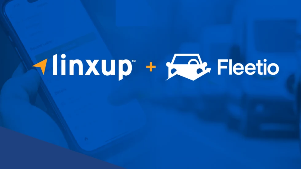 Graphic announcing a partnership between Linxup and Fleetio, featuring both company logos over a blue-toned background with a smartphone and blurred vehicle imagery, symbolizing connected fleet management and vehicle tracking integration.