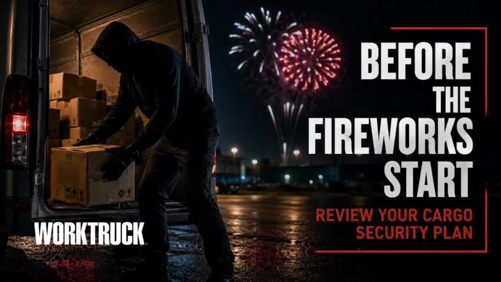 A shadowed figure removes cargo boxes from the back of a delivery van at night while fireworks explode in the background. Text overlay reads, "Before the Fireworks Start Review Your Cargo Security Plan."