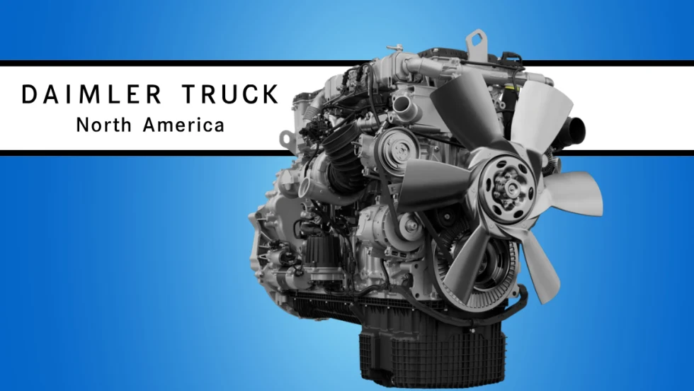 Daimler Truck North America promotional graphic featuring a heavy-duty diesel engine with a large cooling fan on a gray background, alongside the Daimler Truck North America logo and branding.
