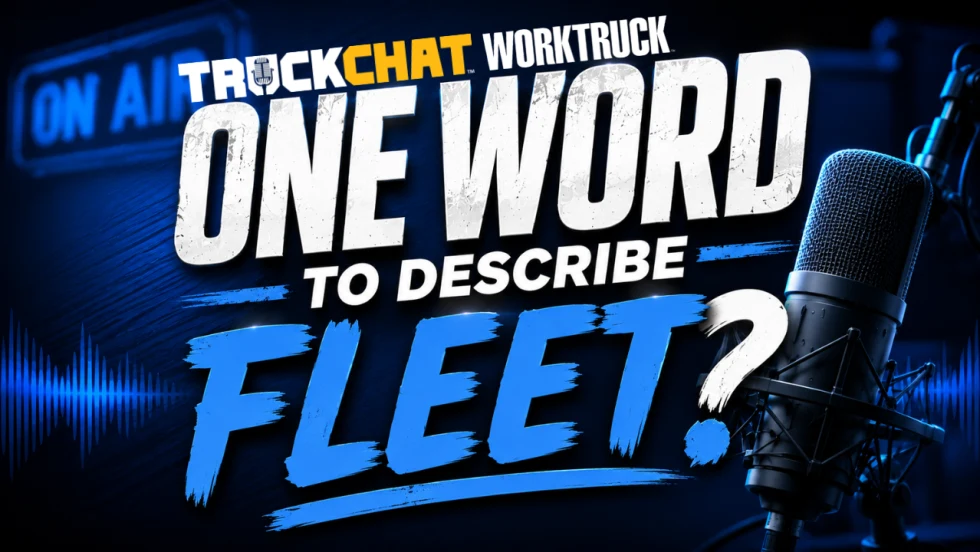 Podcast-style graphic featuring the question "One Word to Describe Fleet?" in bold blue and white typography with microphones, audio waves, and a dark blue studio-inspired background. 