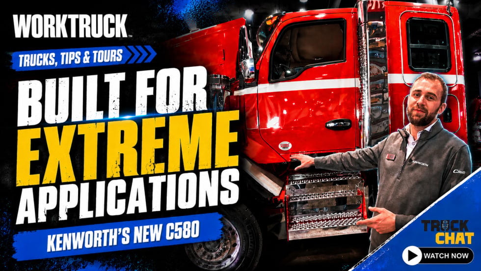 Promotional thumbnail for a Work Truck “Trucks, Tips & Tours” video featuring Kenworth’s new C580 vocational truck. A presenter stands beside the bright red truck, with bold text highlighting “Built for Extreme Applications” and a Truck Chat callout.