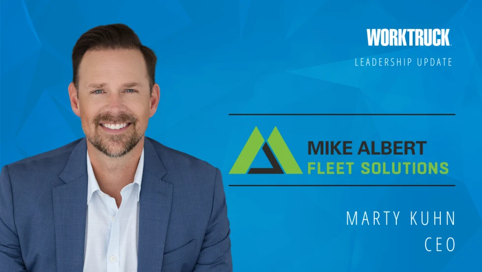 Portrait of Marty Kuhn, CEO and president of Mike Albert Fleet Solutions, featured in a Work Truck leadership update graphic.
