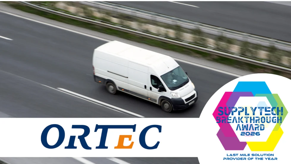 White delivery van traveling on a highway beside ORTEC branding and a “SupplyTech Breakthrough Award 2026” badge recognizing the company as Last Mile Solution Provider of the Year.