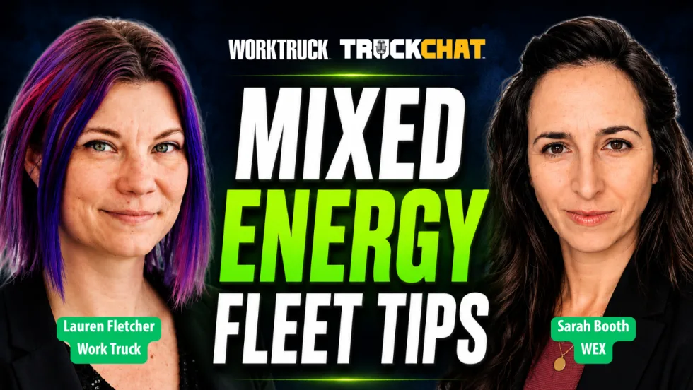 YouTube thumbnail featuring Lauren Fletcher of Work Truck on the left and Sarah Booth of WEX on the right. Large text in the center reads "Mixed Energy Fleet Tips" with "Energy" highlighted in bright green against a dark blue background. Work Truck and TruckChat logos appear at the top, with speaker name labels at the bottom.