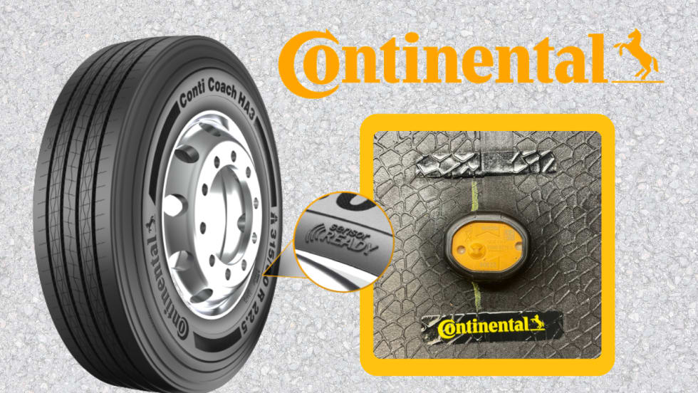 Continental Conti Coach HA3 commercial tire with Sensor Ready technology, featuring an integrated tire sensor embedded in the tread and a close-up inset highlighting the sensor location for fleet tire monitoring.