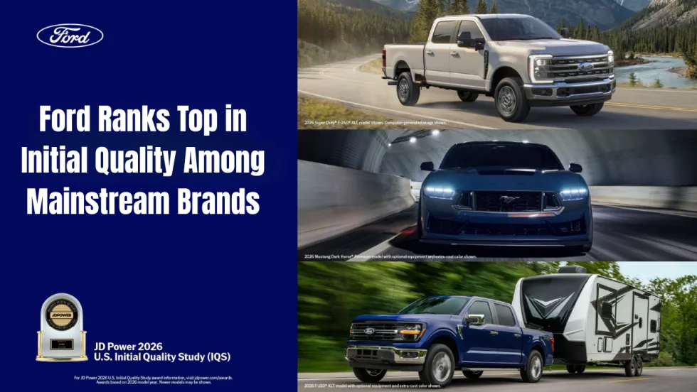 Ford graphic announcing its top ranking among mainstream brands in the 2026 J.D. Power U.S. Initial Quality Study, featuring a Super Duty pickup, Mustang Dark Horse, F-150 towing a trailer, and the J.D. Power award logo.