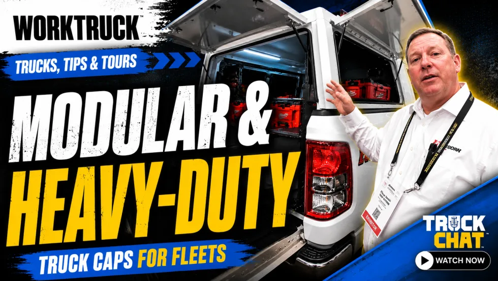 Promotional graphic for Work Truck’s “Trucks, Tips & Tours” featuring a modular heavy-duty truck cap with open side compartments, a presenter demonstrating its features, and text highlighting modular truck caps for fleet applications.