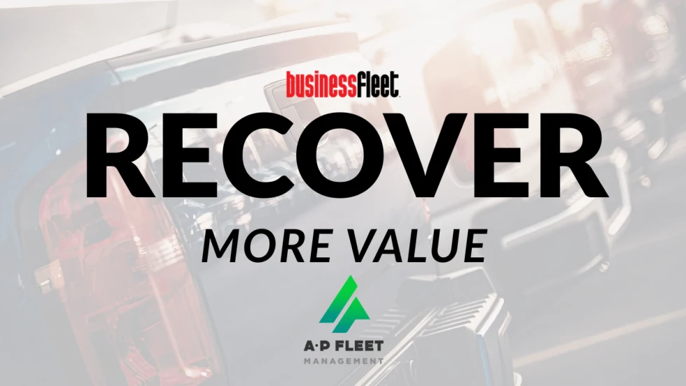 Graphic featuring the Business Fleet logo above the headline "Recover More Value" over a blurred image of commercial pickup trucks parked in a fleet lot. The graphic accompanies a story about AP Fleet Management expanding its vehicle remarketing program to help fleets maximize resale value and simplify the vehicle sales process.