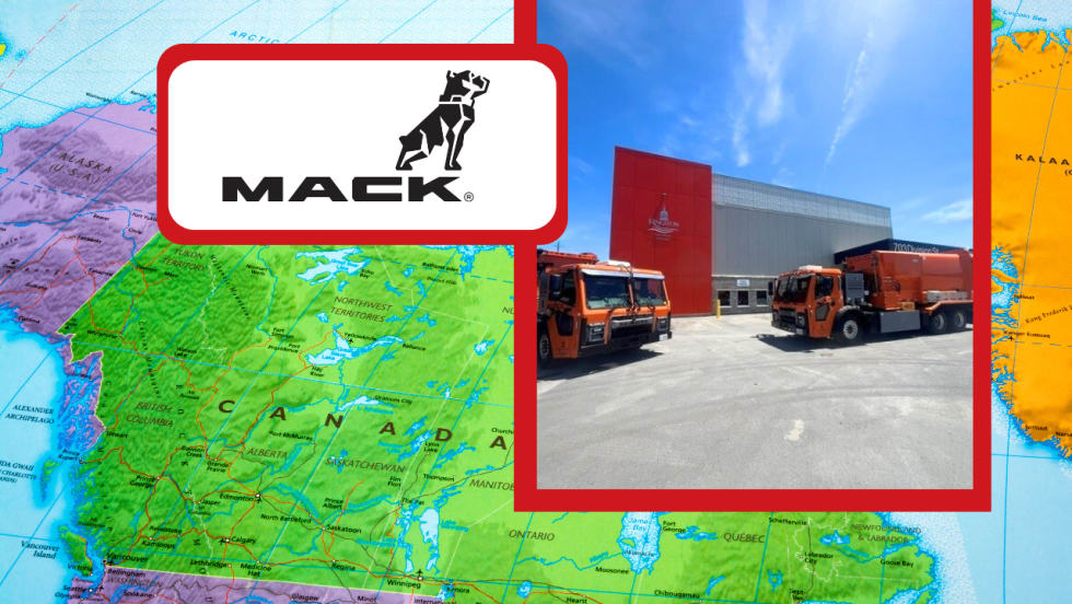 Graphic featuring the Mack logo, a map of Canada, and two orange Mack LR Electric refuse trucks outside the Kingston manufacturing facility, highlighting Mack’s electric truck operations in Canada.