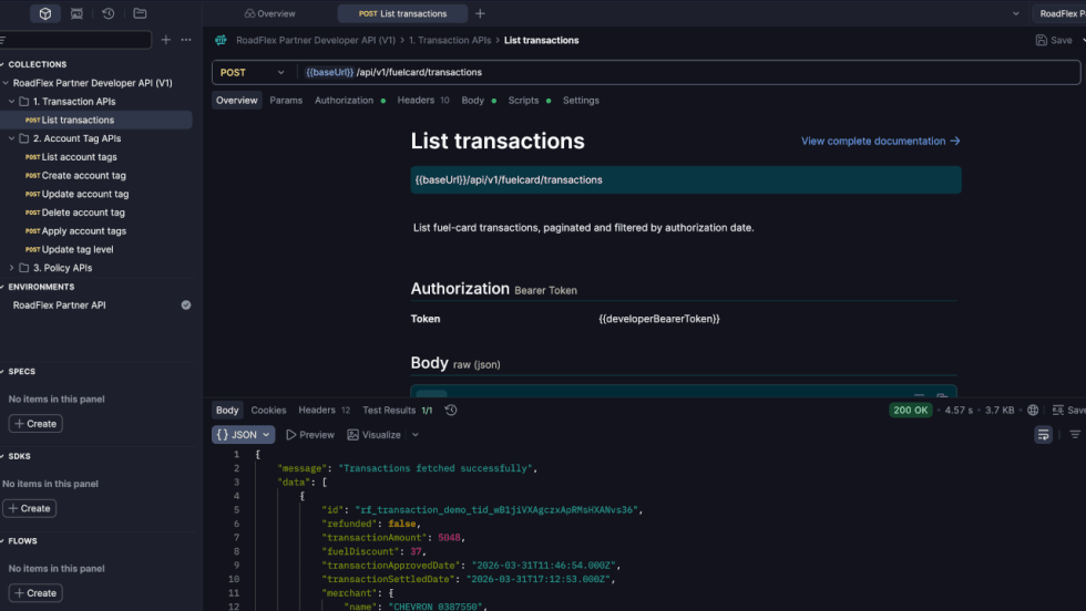 Screenshot of the RoadFlex Partner Developer API in Postman displaying the List Transactions endpoint, including request details, Bearer token authentication, and a successful JSON response with sample fuel card transaction data.