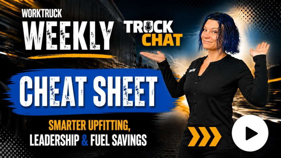 Host Lauren Fletcher appears on the left with her hands raised in a welcoming pose against a motion-blurred work truck background. The thumbnail features the Work Truck logo and the title "Truck Chat Weekly Cheat Sheet" with the episode topics "Smarter Upfitting, Leadership & Fuel Savings" in bold text.
