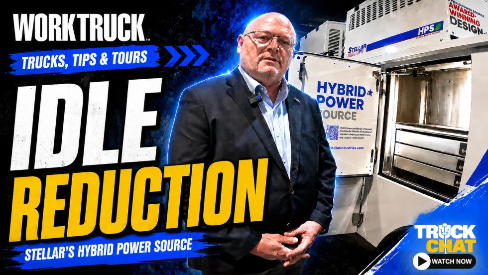 Work Truck Trucks, Tips & Tours thumbnail featuring a Stellar executive beside the company’s Hybrid Power Source system. Headline reads “Idle Reduction,” highlighting Stellar’s hybrid power solution for work trucks.