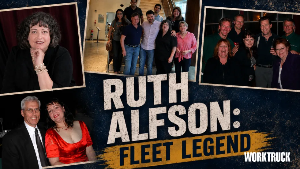 Collage featuring four photos of Fleet Legend Ruth Alfson throughout her career and personal life, including a professional portrait, industry group photos, and a formal event photo, with the title "Ruth Alfson: Fleet Legend" centered over a textured blue background.
