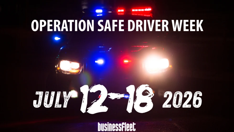 Business Fleet graphic promoting Operation Safe Driver Week, showing a police vehicle with flashing red and blue emergency lights and the dates July 12-18, 2026.