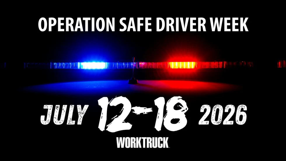 Work Truck graphic for Operation Safe Driver Week showing red and blue police lights with the dates July 12-18, 2026.
