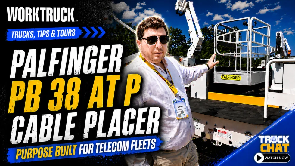 Work Truck “Trucks, Tips & Tours” thumbnail featuring a Palfinger PB 38 AT P cable placer, with a presenter demonstrating the equipment. Headline highlights its purpose-built design for telecom fleets.