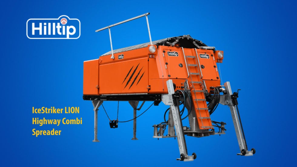 Product image of the Hilltip IceStriker LION Highway Combi Spreader, an orange truck-mounted de-icing spreader with integrated ladder and support legs, shown against a blue background with Hilltip branding.