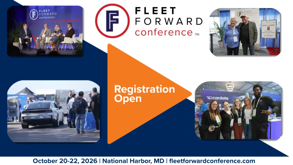 Promotional graphic for the 2026 Fleet Forward Conference featuring event photos, “Registration Open” message, and event details: October 20–22, 2026, National Harbor, Maryland, with website fleetforwardconference.com.