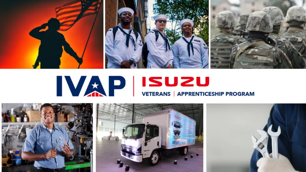 Collage promoting Isuzu’s Veterans Apprenticeship Program (IVAP), featuring U.S. military personnel, a service technician, an Isuzu truck, and mechanic’s tools to highlight career pathways for veterans entering the commercial vehicle industry.