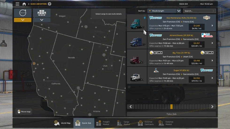 American Truck Simulator quick job menu showing available freight routes, truck options, and a map of the western U.S.