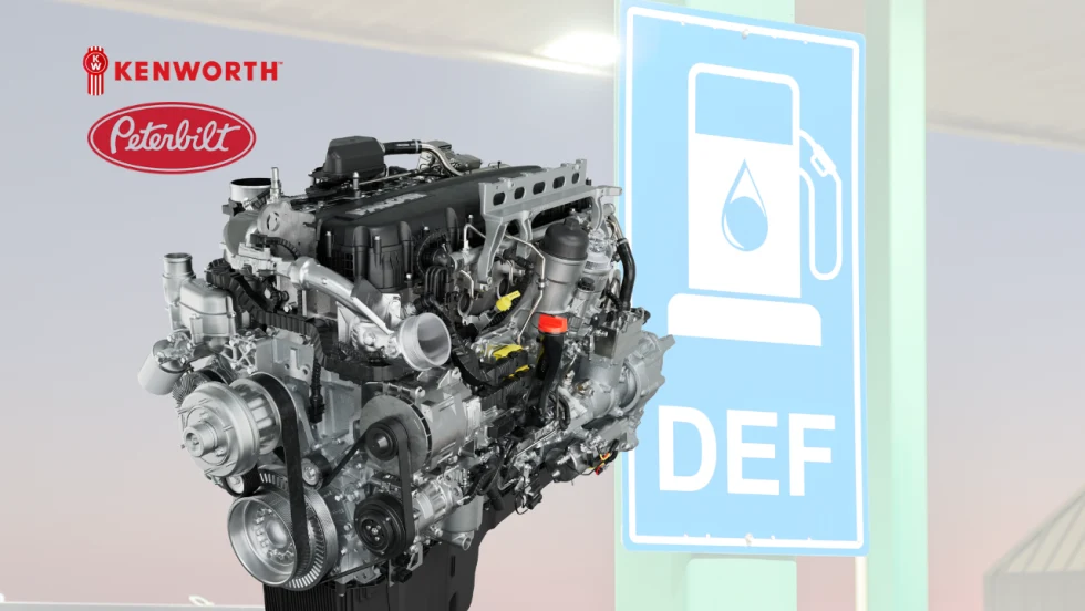Paccar engine displayed alongside Kenworth and Peterbilt logos and a DEF pump sign, illustrating a software update addressing diesel exhaust fluid (DEF) inducement strategies for select heavy-duty trucks.