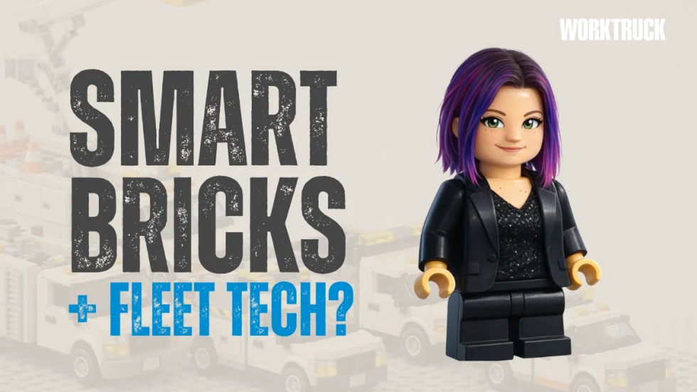 Thumbnail showing a LEGO-style fleet of work trucks and a LEGO-like minifigure with text reading “SMART BRICKS + FLEET TECH?” for a Work Truck blog.