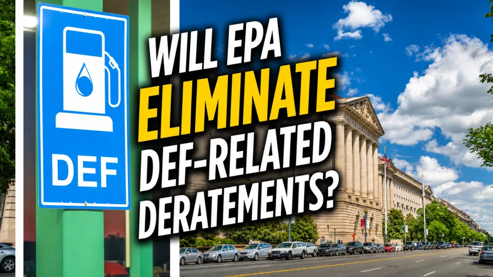 Graphic asking whether the EPA will eliminate DEF-related engine deratements, featuring a DEF fuel sign, a federal government building, and bold headline text highlighting potential changes to diesel emissions regulations.