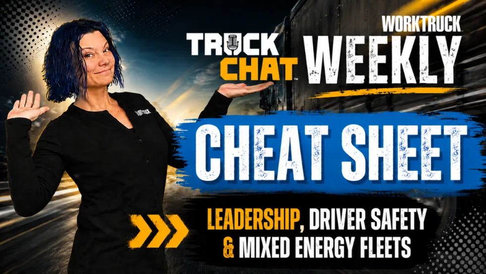 Illustrated YouTube thumbnail for Work Truck's Truck Chat Weekly Cheat Sheet featuring host Lauren Fletcher gesturing toward the title. Text highlights this week's topics: leadership, driver safety, and mixed-energy fleets, set against a background of a commercial truck on the highway.