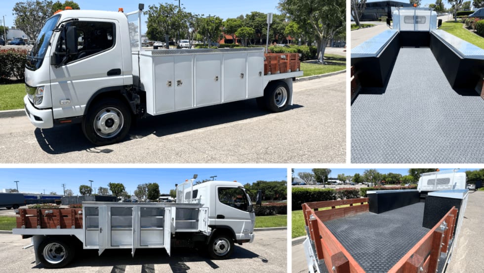 Four-photo collage showing a white RIZON medium-duty truck with a utility flatbed, highlighting exterior storage compartments, open tool cabinets, and a spacious diamond-plate cargo bed designed for commercial work applications.