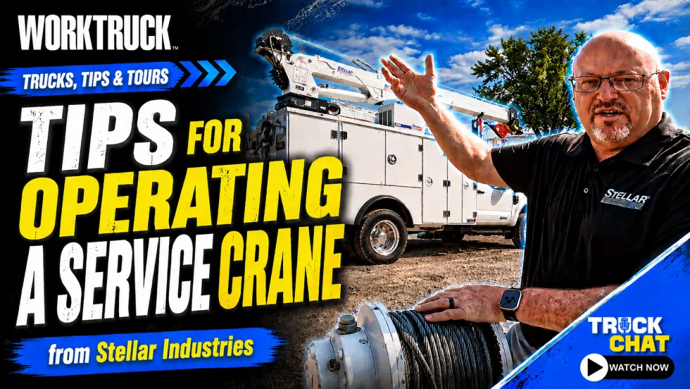 Work Truck "Trucks, Tips & Tours" thumbnail featuring a Stellar Industries expert sharing tips for operating a service crane beside a crane-equipped service truck. Includes Truck Chat branding and a "Watch Now" callout.