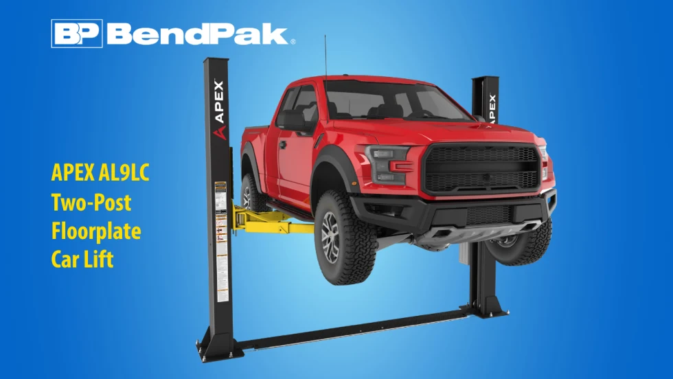 Red pickup truck raised on a BendPak APEX AL9LC two-post floorplate vehicle lift against a blue background, highlighting the heavy-duty automotive lift designed for service and repair applications.