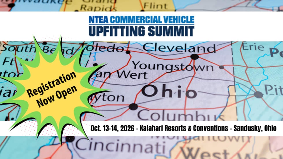 Promotional graphic for the NTEA Commercial Vehicle Upfitting Summit announcing registration is open for the Oct. 13–14, 2026 event at Kalahari Resorts & Conventions in Sandusky, Ohio, overlaid on a map of Ohio.