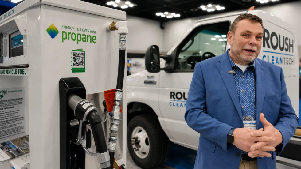 A man in a blue blazer stands beside a ROUSH CleanTech truck and propane autogas fueling dispenser at an industry trade show.