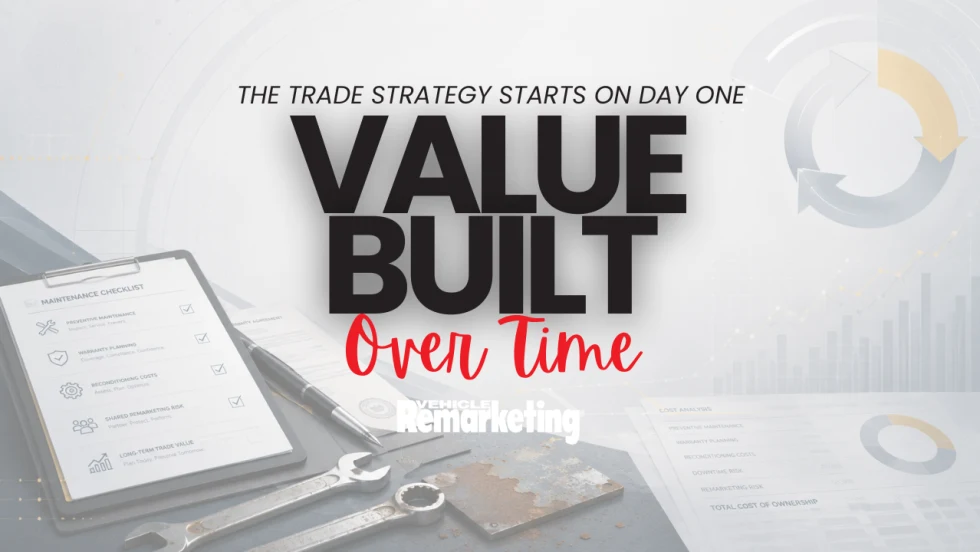 Graphic reading “The trade strategy starts on day one. Value Built Over Time” over a maintenance planning scene with a checklist, tools, lifecycle graphics, and cost-analysis charts.