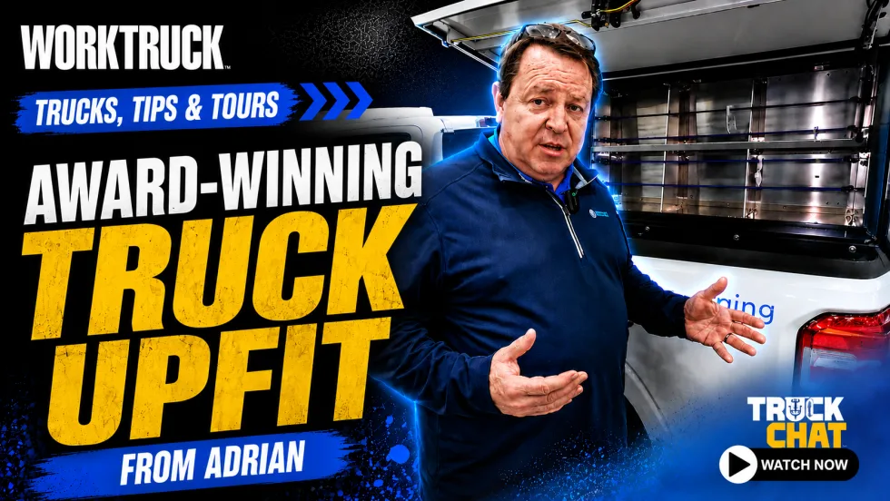 Work Truck “Trucks, Tips & Tours” promotional graphic featuring an Adrian representative beside an award-winning service body upfit, with headline “Award-Winning Truck Upfit From Adrian” and a Truck Chat “Watch Now” callout.