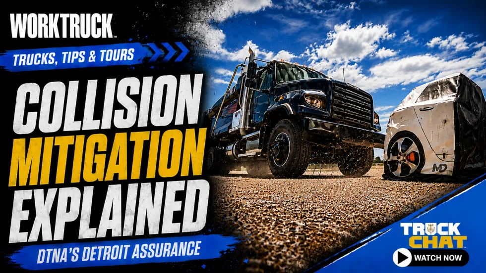 Work Truck “Trucks, Tips & Tours” promotional graphic featuring a vocational truck approaching a crash-test vehicle, highlighting Detroit Assurance collision mitigation technology with the headline “Collision Mitigation Explained.”