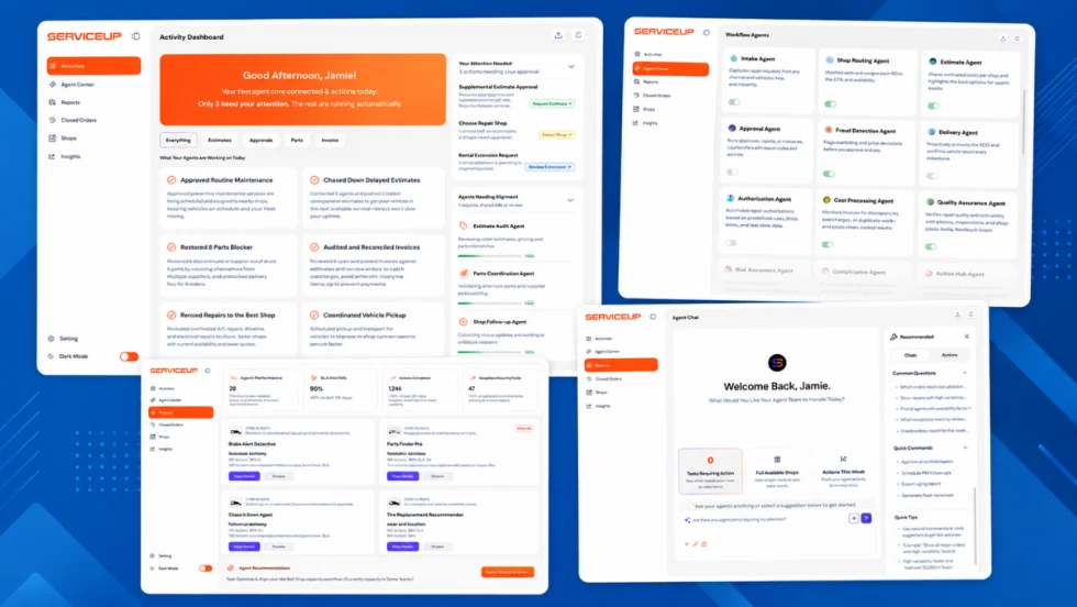 Collage-style hero image showing several ServiceUp fleet repair software screens on a blue geometric background, including an activity dashboard, workflow agents, repair opportunities, and agent chat interface.