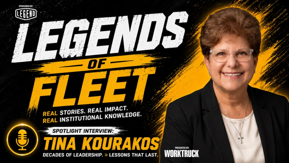 Tina Kourakos smiles beside bold black-and-yellow Fleet Legends graphics promoting her spotlight interview on decades of fleet leadership.