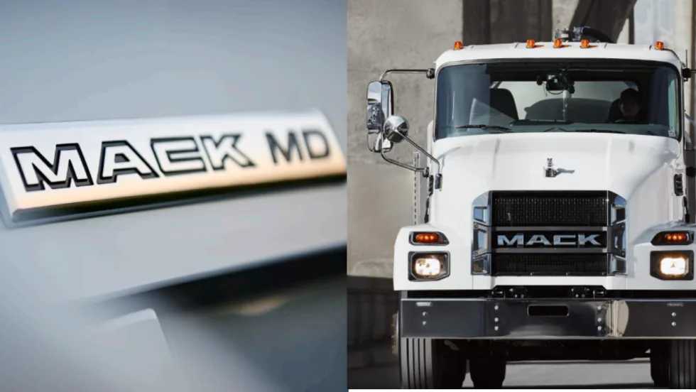 Split image showing a close-up of a Mack MD badge alongside the front view of a white Mack MD medium-duty truck, highlighting the vehicle’s branding and commercial truck design.