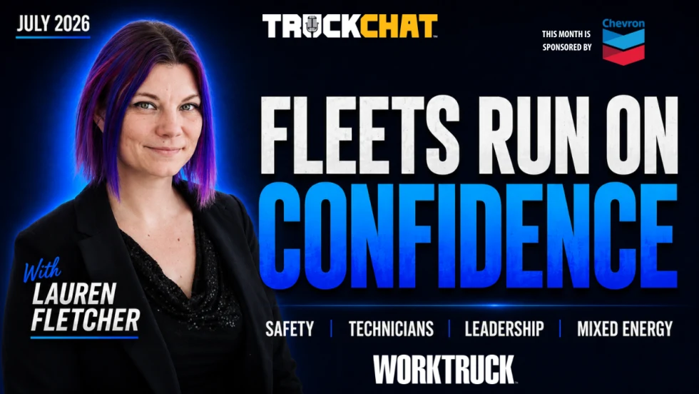 Lauren Fletcher stands against a dark blue background beside the headline “Fleets Run on Confidence.” Additional text reads “July 2026” and “Safety, Technicians, Leadership, Mixed Energy.”