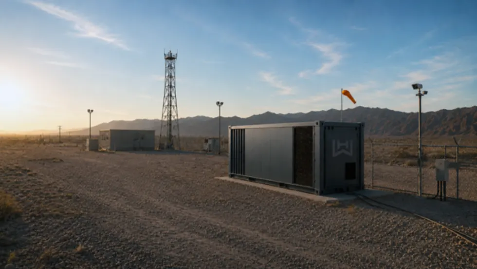 Battery energy storage system installed at a remote communications site, with a cellular tower, utility buildings, fencing, and desert mountains in the background, illustrating off-grid or backup power infrastructure.